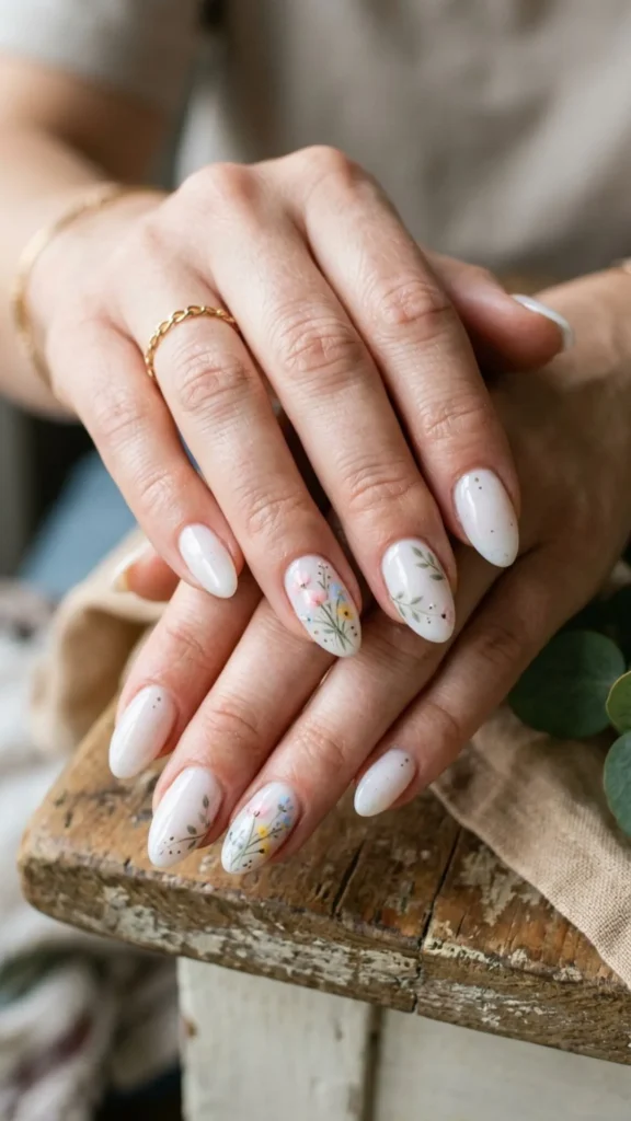 Minimal light hand-painted nail art with delicate details and elegant pastel tones.