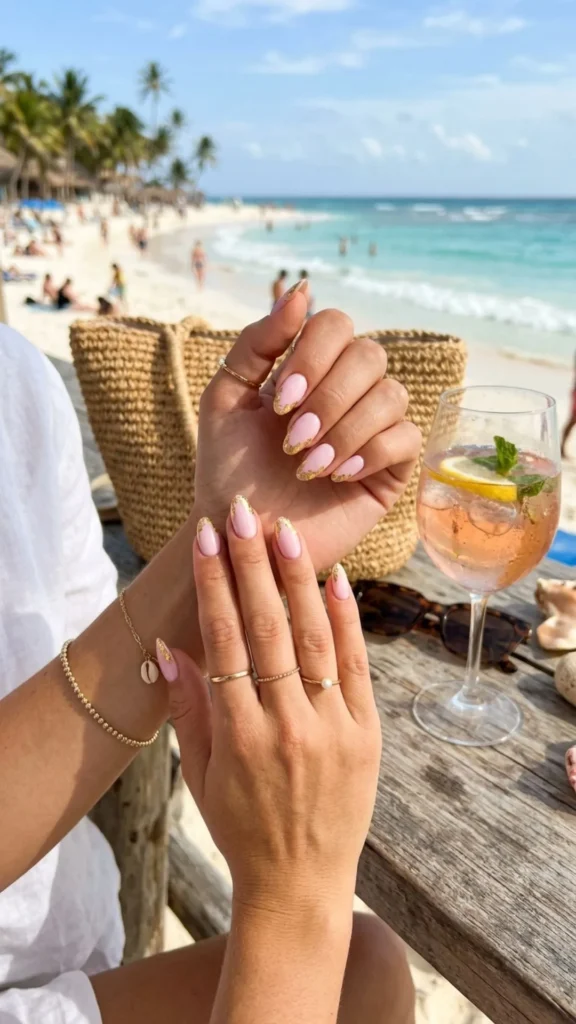 Light pink nails decorated with delicate gold foil for an elegant touch.