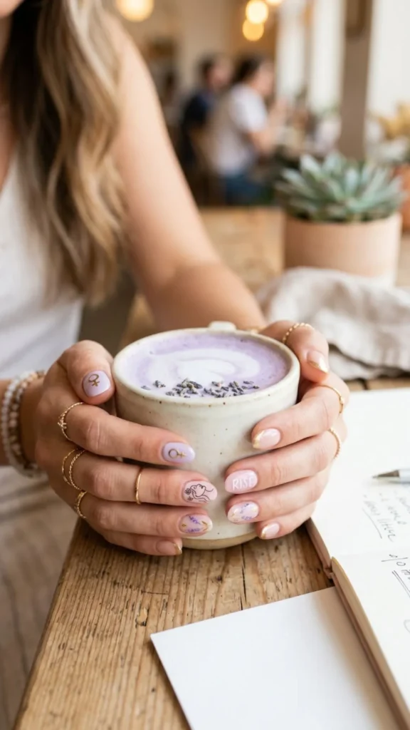 Soft lavender latte nails with feminine empowerment accents.