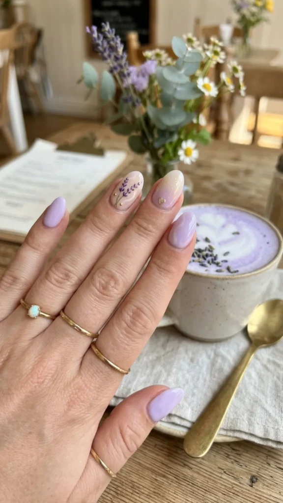 Soft lavender latte nails create a delicate, feminine, and sophisticated manicure with a dreamy summer aesthetic.