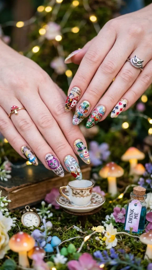 Fantasy-inspired Alice in Wonderland nails with whimsical characters and magical details.