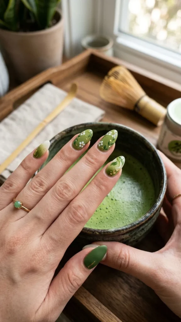 Matcha green nails with a clean, minimalist look.
