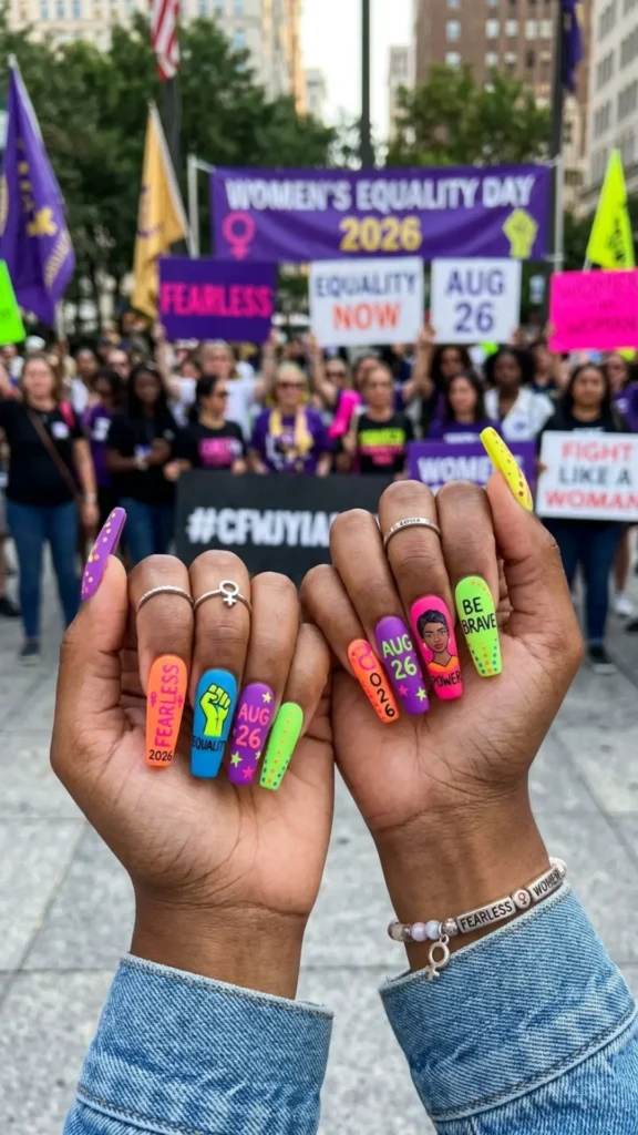 Fearless matte neon nails with vibrant Equality Day accents. 