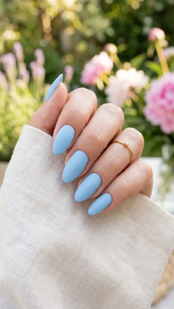 Matte sky blue nails with a smooth finish for a cool and modern summer style.
