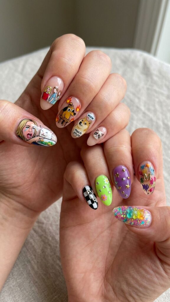 Meme-inspired nails featuring quirky graphics, playful charms, colorful details, and fun 3D junk nail designs.