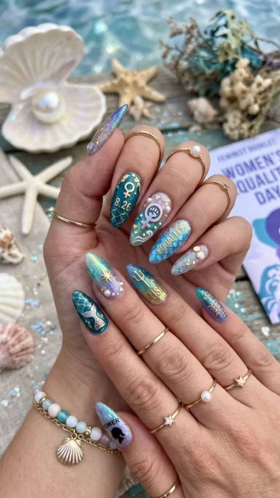 Dreamy mermaid core nails with colorful Equality Day accents.