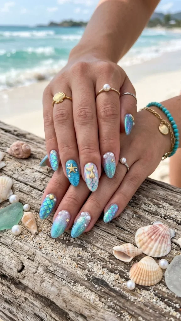 Shimmering mermaid core nails capture magical ocean-inspired colors, iridescent shine, and a dreamy summer aesthetic.
