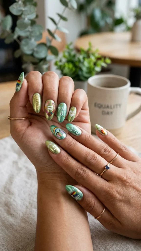 Metallic mint green nails with modern equality details.