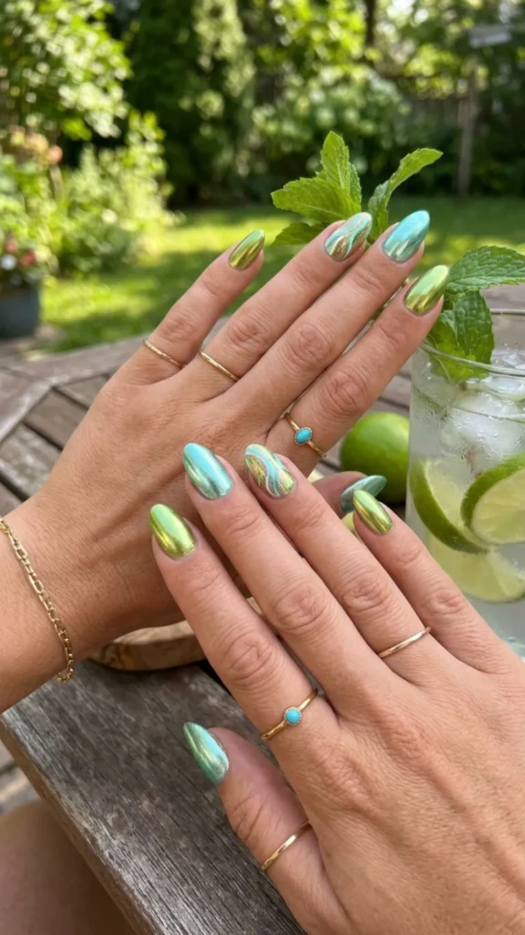 Metallic pistachio and mint nails create a bold, refreshing, and modern manicure with a luminous summer finish.