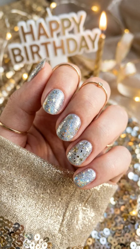 Round birthday nails with metallic stars and sparkling accents.