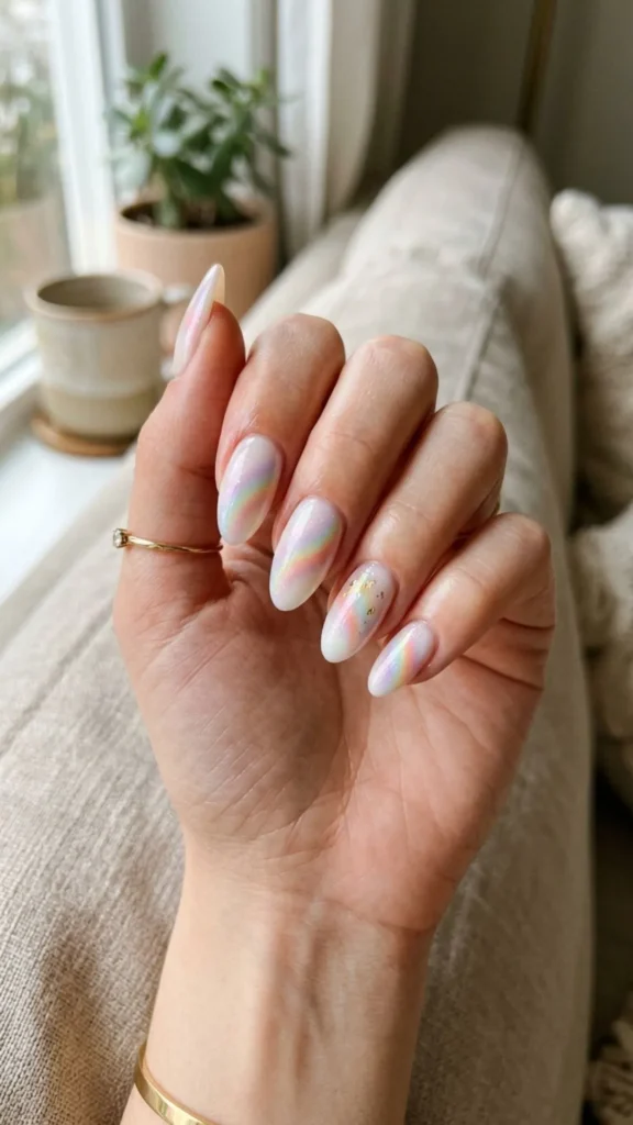 Soft milky rainbow nails with dreamy pastel colors