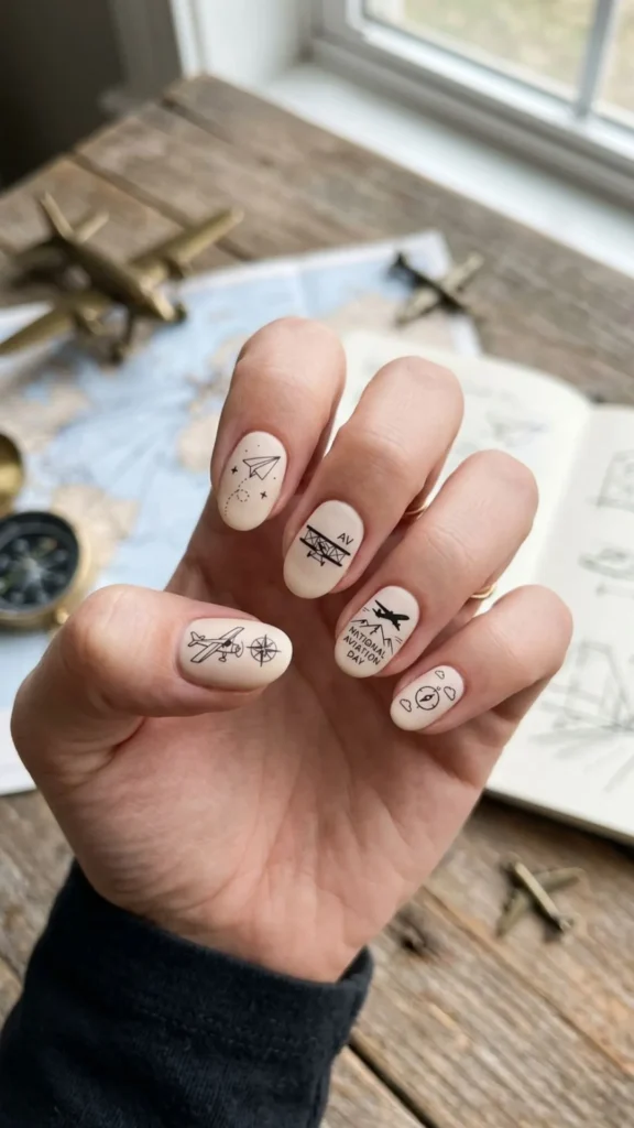 Minimalist Airplane Line Art on Elegant Nails