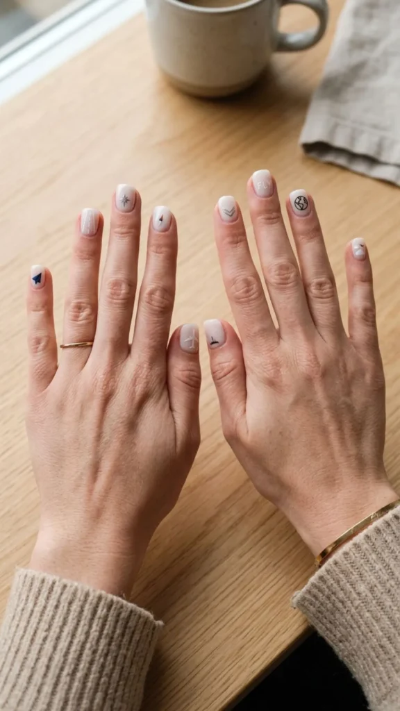 Minimalist flight-inspired nails with clean lines, tiny airplanes, and elegant neutral aviation details.