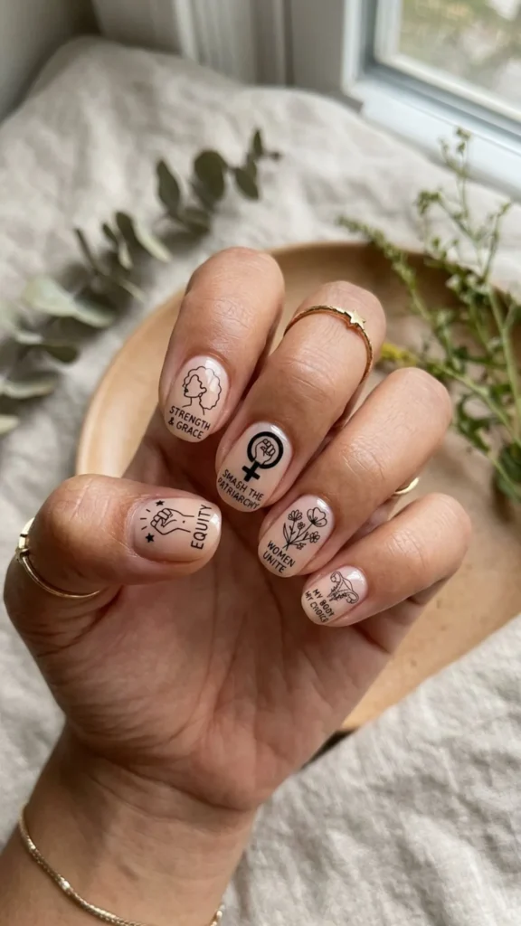 Minimalist line art nails with meaningful feminist accents.
