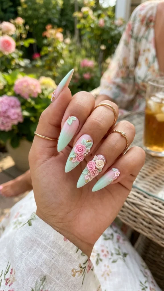 Mint and pink stiletto nails with elegant 3D floral details.