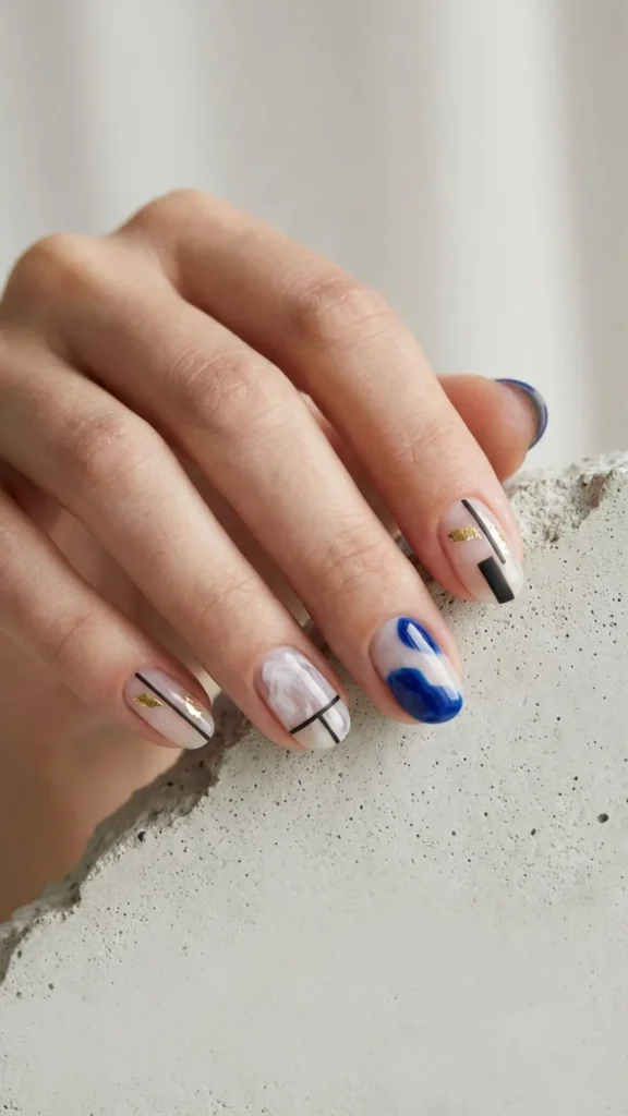Trendy abstract nail designs with creative shapes, artistic lines, and modern styling.