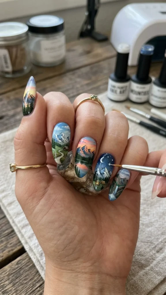 Nature-inspired mountain nail art with scenic details.