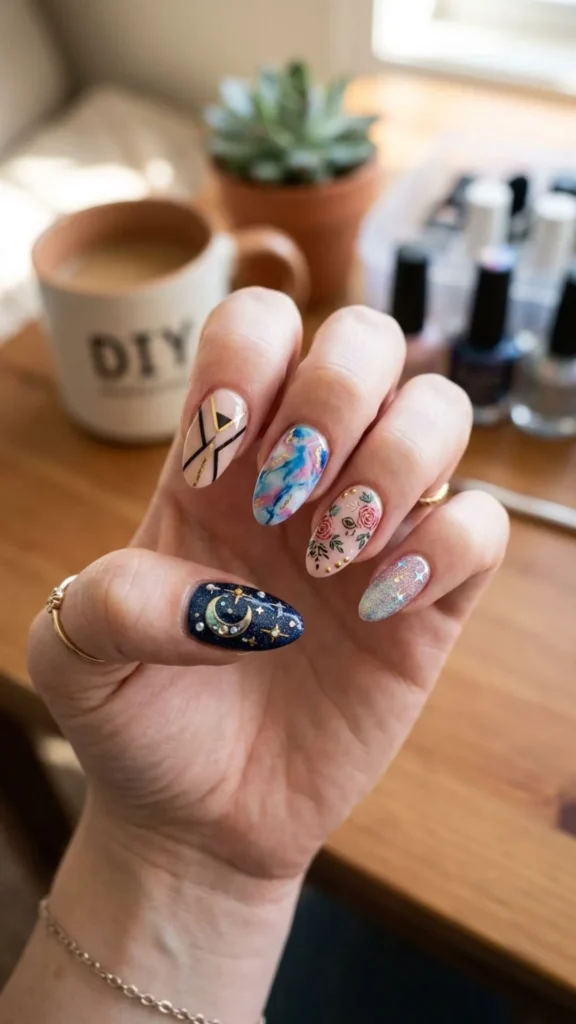 DIY nail art showcasing creative hand-painted personal designs.