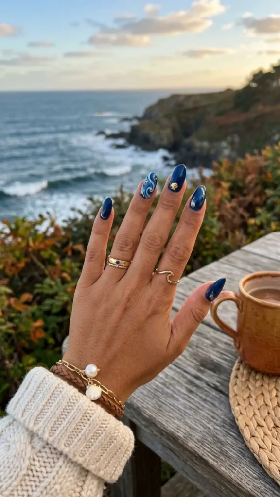 Navy blue ocean nails with deep coastal-inspired tones for a sophisticated summer to fall manicure.