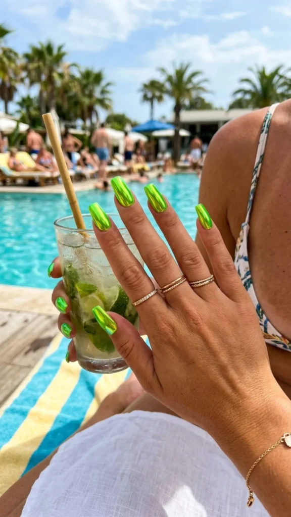 Reflective neon green chrome nails with a bold metallic shine.