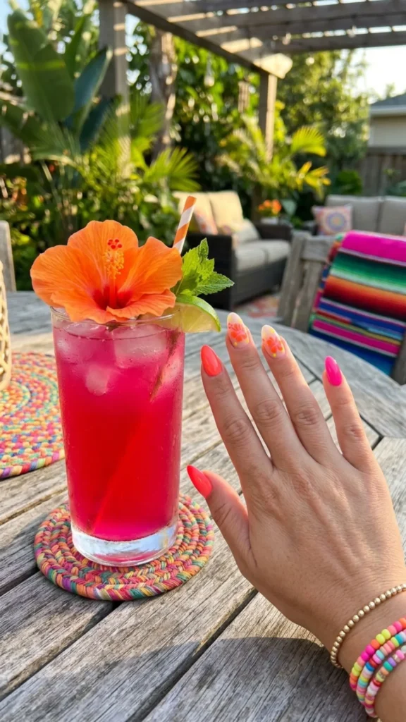  Vibrant neon nails featuring tropical hibiscus flowers for a bold and colorful summer manicure.