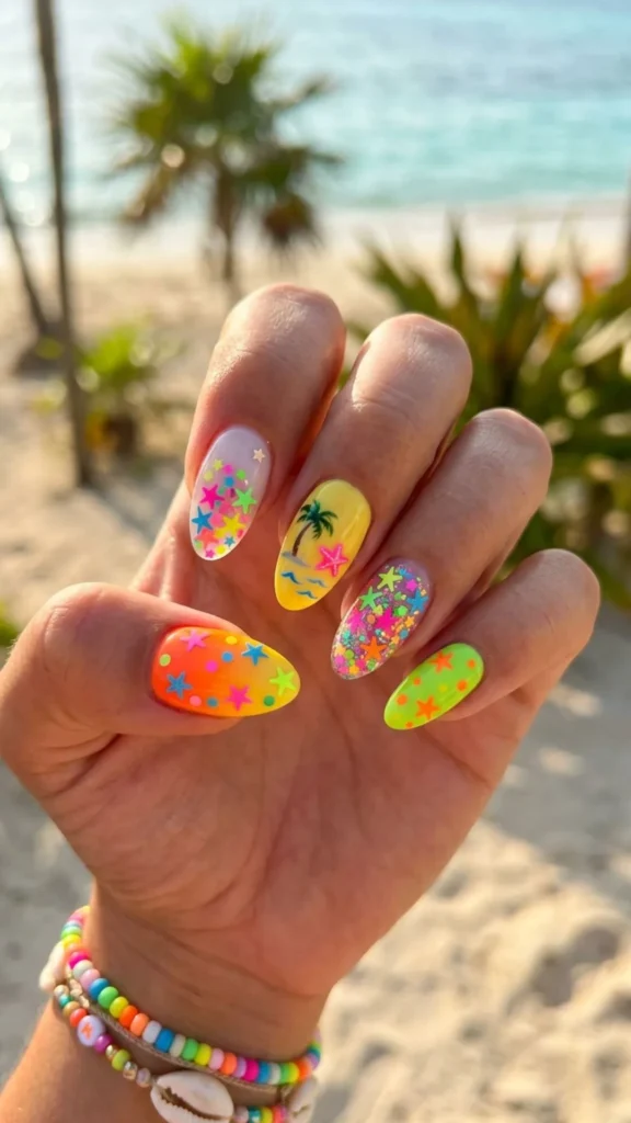 Fun neon nails featuring colorful starfish and confetti-inspired accents for a playful summer look.