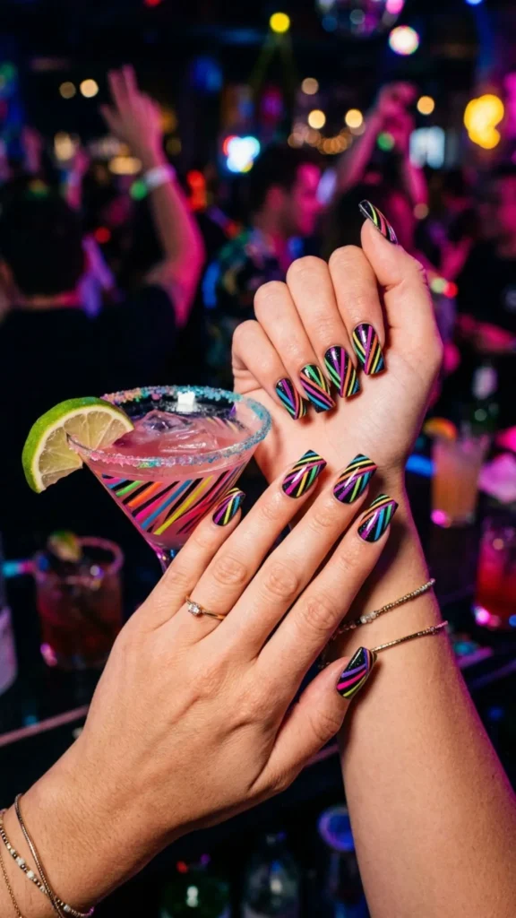 Bold neon square nails with vibrant party stripes