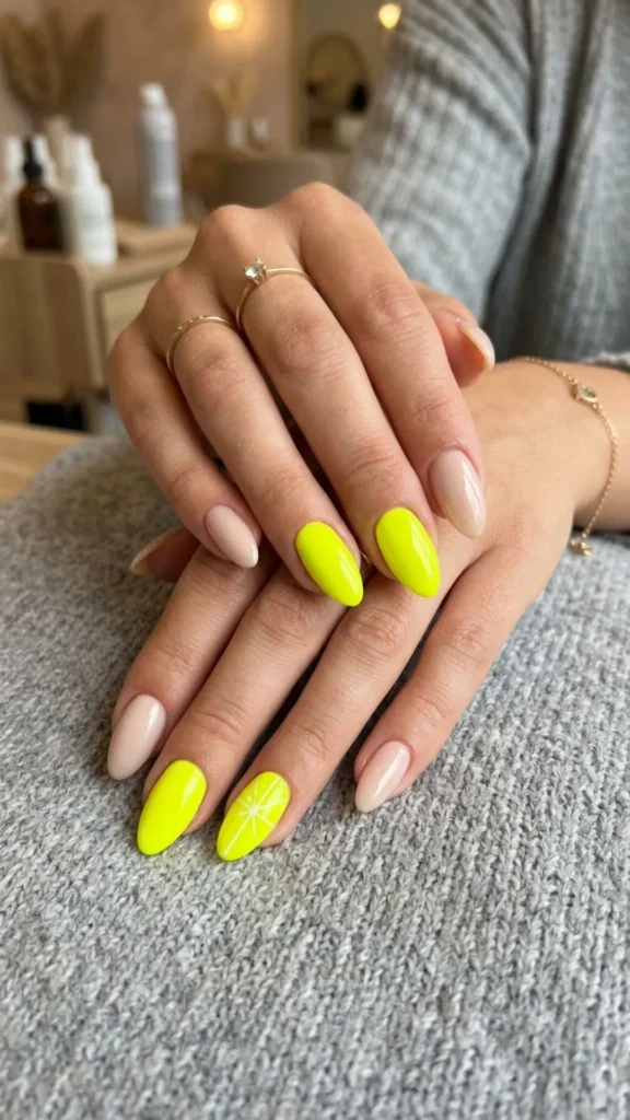 Neon yellow accent nails adding a bold pop of color to a simple manicure.