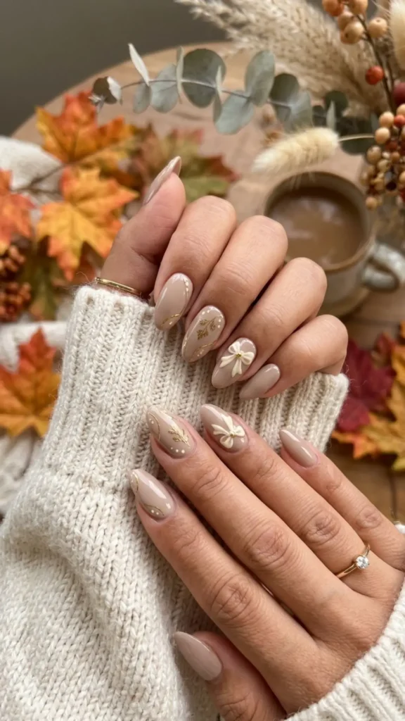 Neutral fall nails with delicate bow accents and soft beige tones for an elegant seasonal manicure.