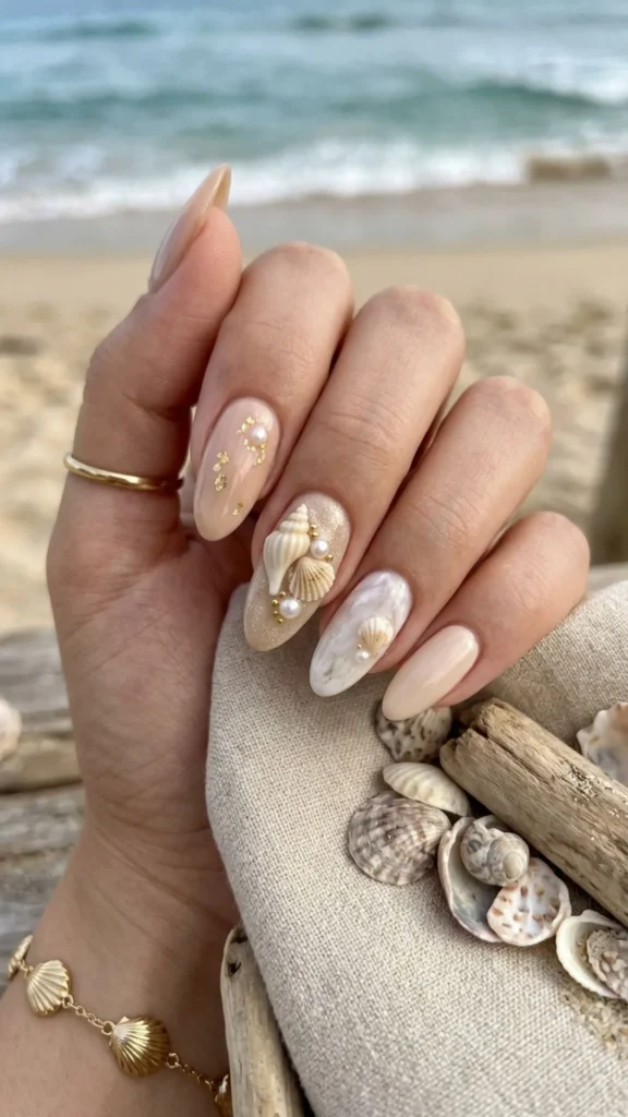 Neutral seashell ocean inspired nails with beautiful 3D shell art
