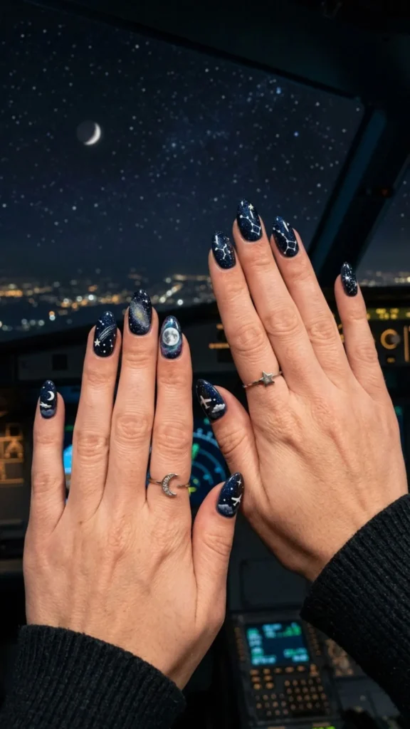Enchanting night sky flight nails featuring airplanes, stars, moons, and deep celestial-inspired shades.