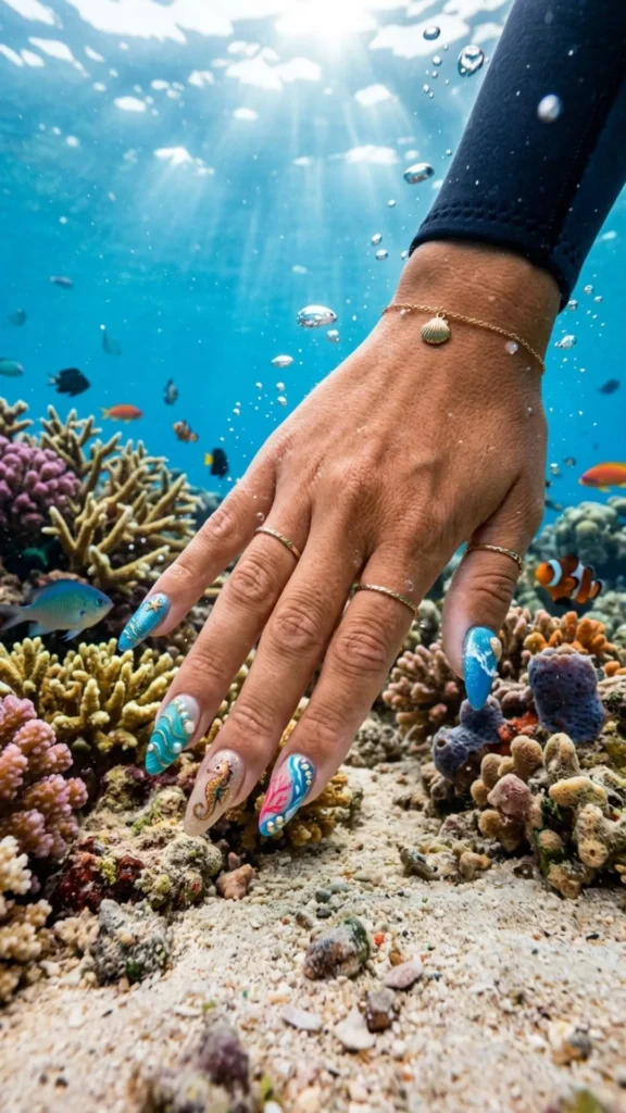  Creative ocean floor nail art featuring colorful underwater-inspired details, shells, and marine accents.