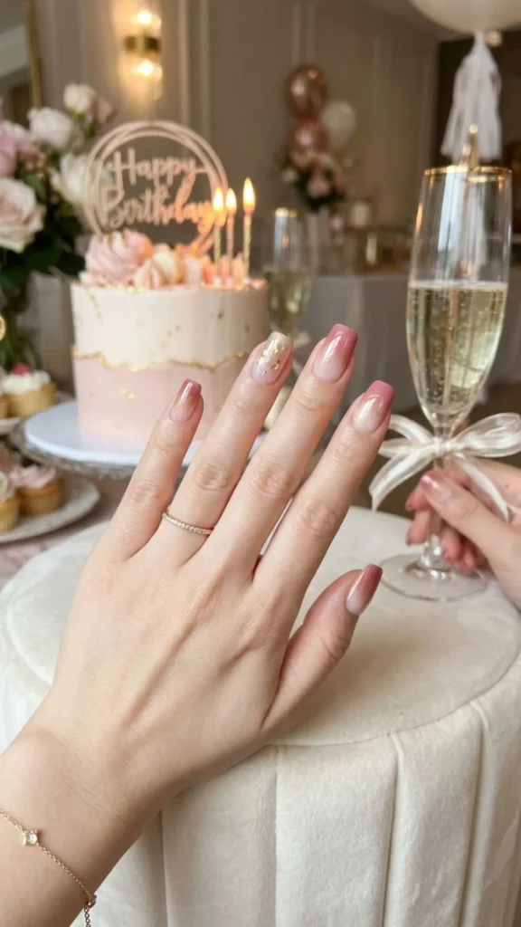 Elegant squoval birthday nails with a soft ombre gradient.