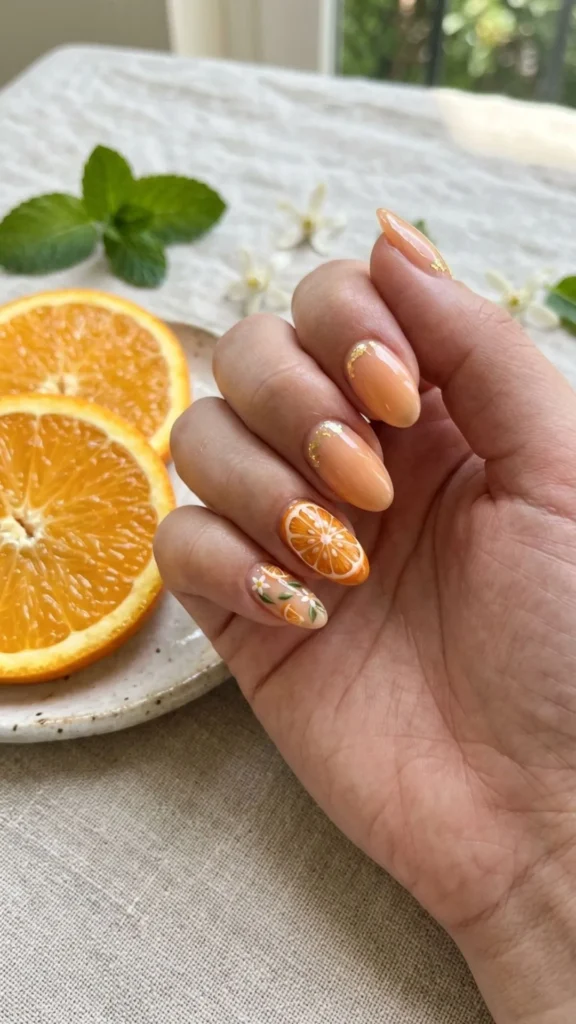  Fresh orange slice nails with vibrant citrus accents