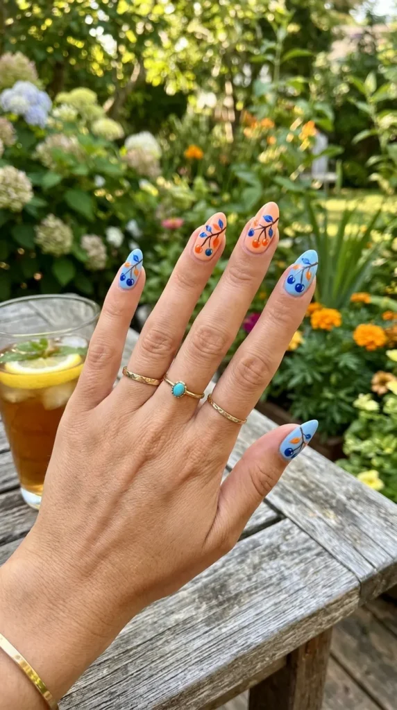 Orange and blue nails with artistic cherry branch nail art.