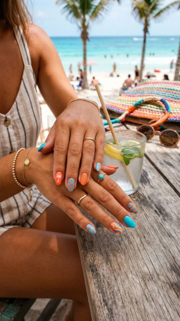 Creative orange and blue mix match nail designs with playful patterns.