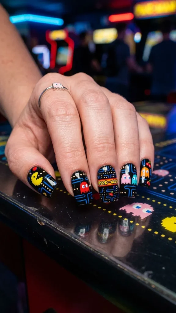  Retro Pac-Man nails with colorful arcade-inspired art.

