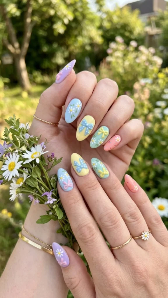 Soft pastel nails featuring cute bows and daisy floral accents.