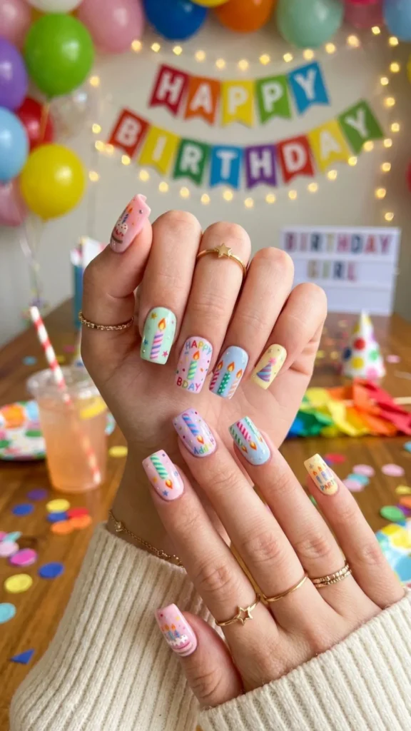 Pastel square birthday nails featuring cute colorful candle designs.
