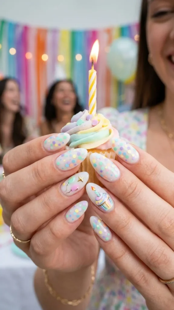 Pastel confetti almond birthday nails with colorful festive accents.