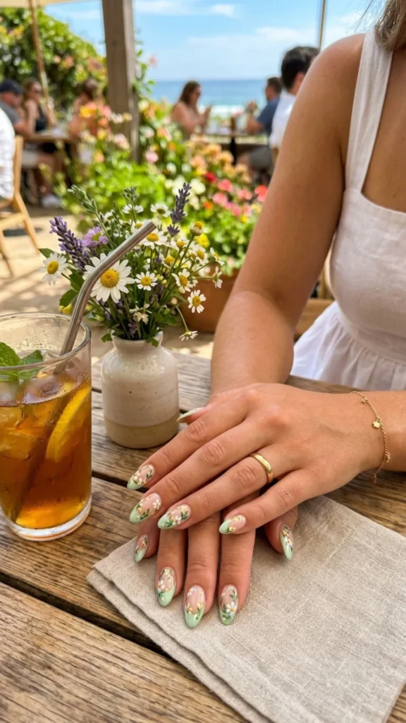 Pastel green French tip nails with delicate floral accents.