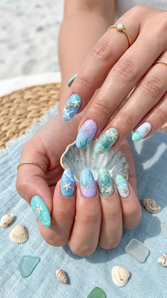 Pastel ocean inspired turtle nails with cute starfish details