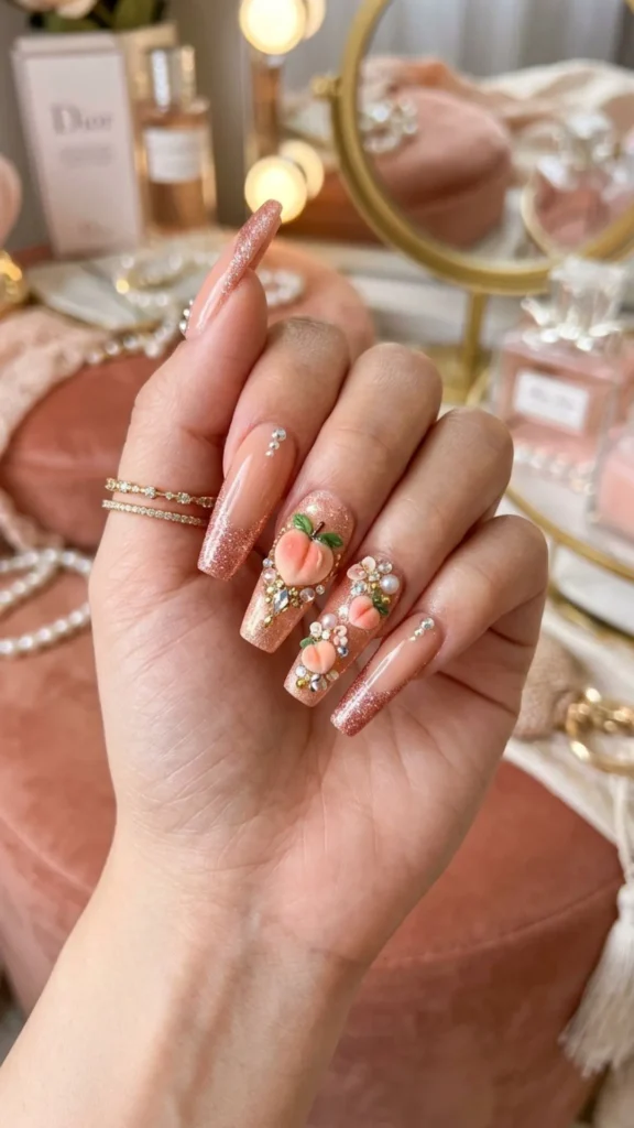  Peach 3D French nails with glamorous raised accents