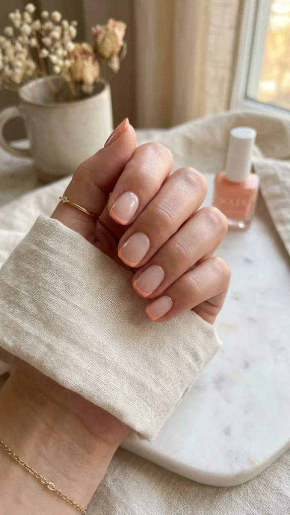 Peach micro tip nails with chic minimalist viral design