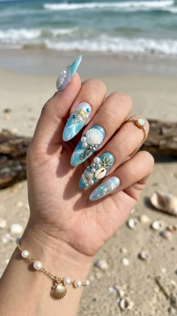 Pearl seashell ocean inspired nails with elegant 3D sea details