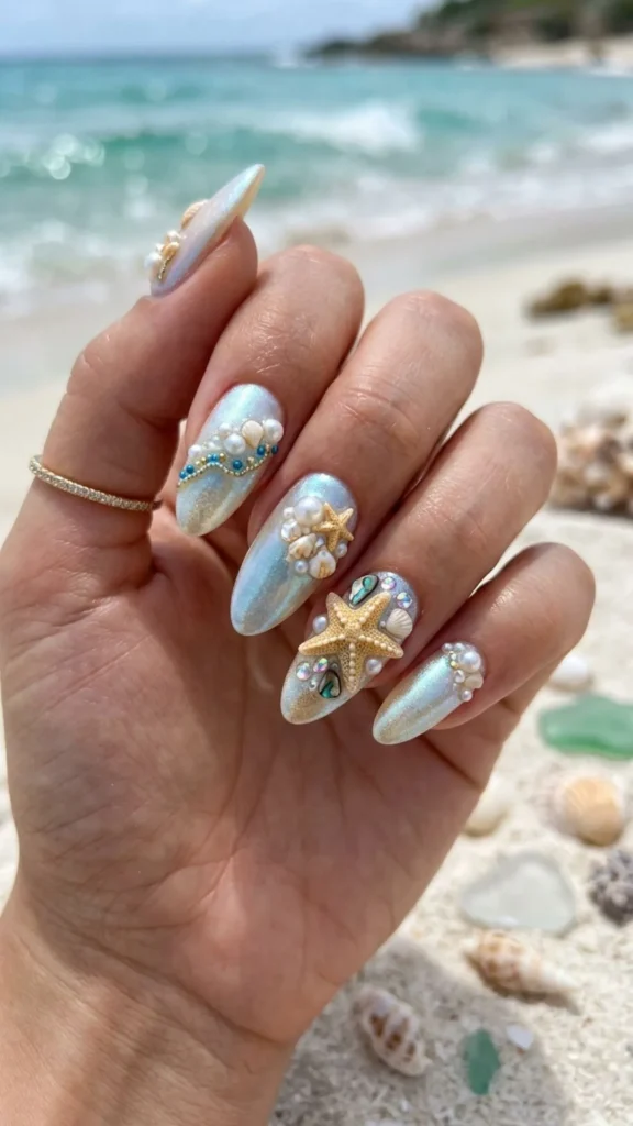 Pearl seashell ocean inspired nails with stunning 3D starfish details