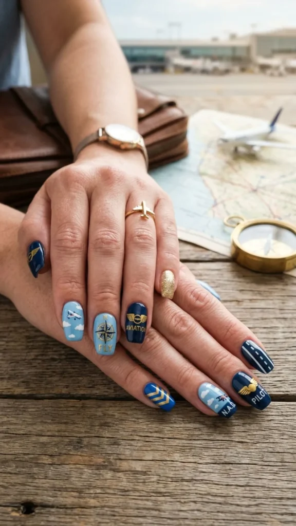 Stylish Pilot-Inspired Nails with Aviation-Themed Accents