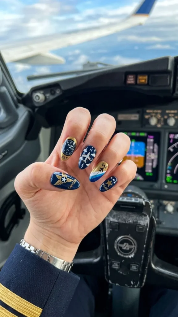 Stylish pilot-inspired nail designs with aviation symbols, airplane details, and sophisticated travel accents.