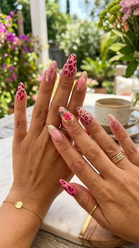 Glamorous pink leopard French nails with sparkling glitter accents for a bold and stylish manicure.