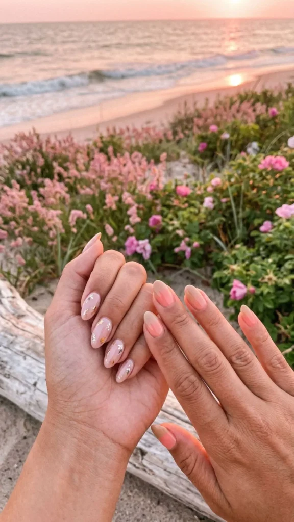  Pretty pink shore-inspired nails with delicate floral details for a soft and feminine manicure.